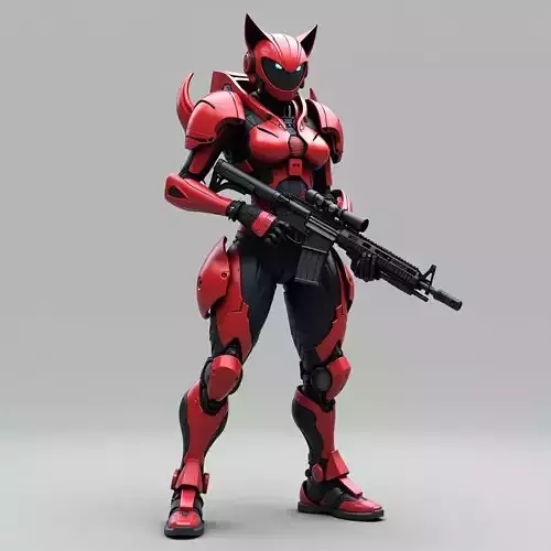 Feline Exosuit Warrior 3D Model Red Tactical Soldier