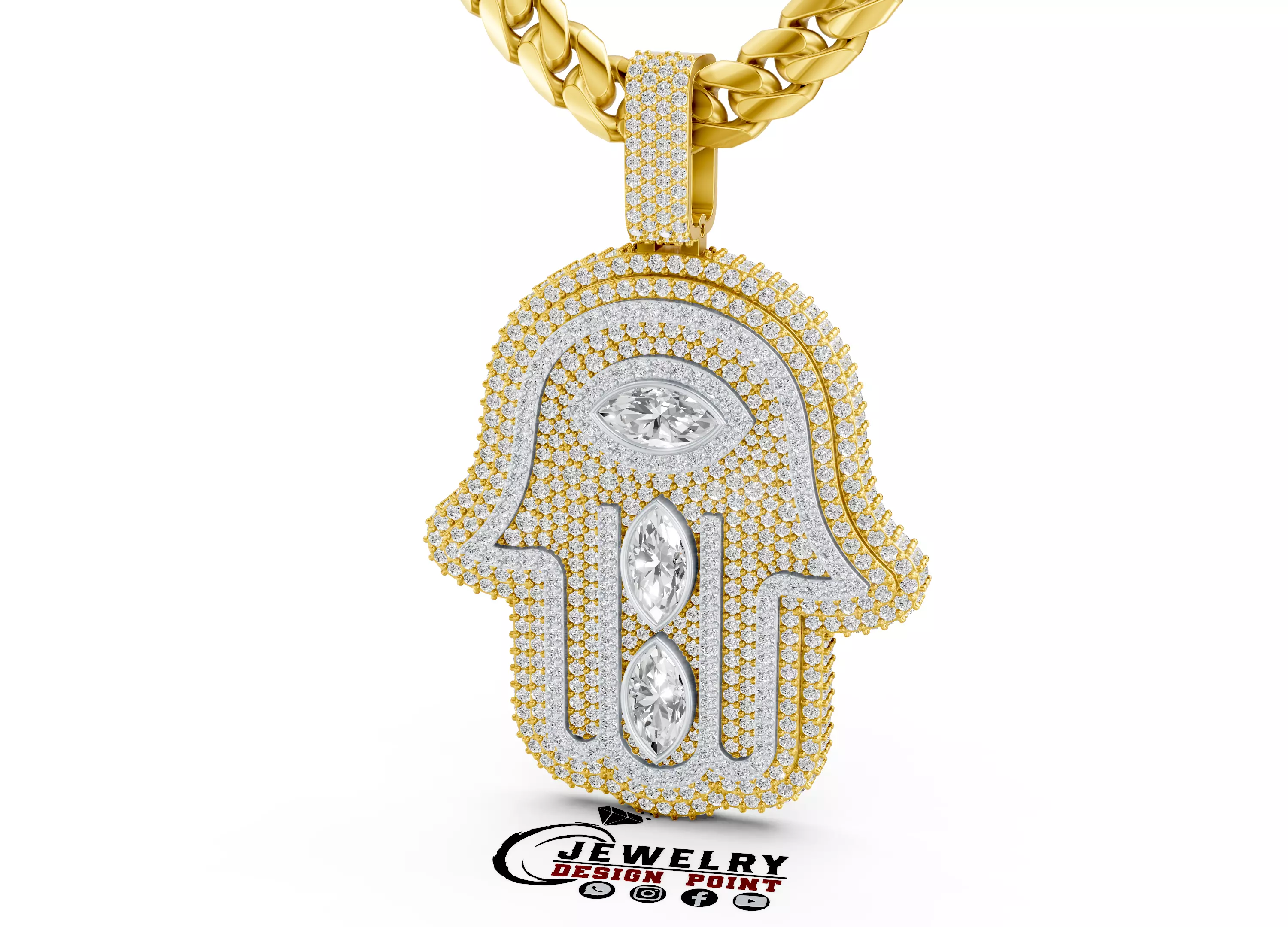 Custom Hamsa Hand Diamond Pendant - Hamsa Hand Necklace 3D print model