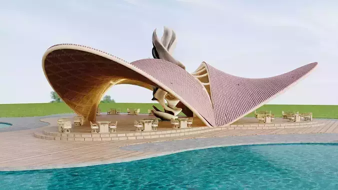 Futuristic Pavilion with Curved Roof and Outdoor Terrace