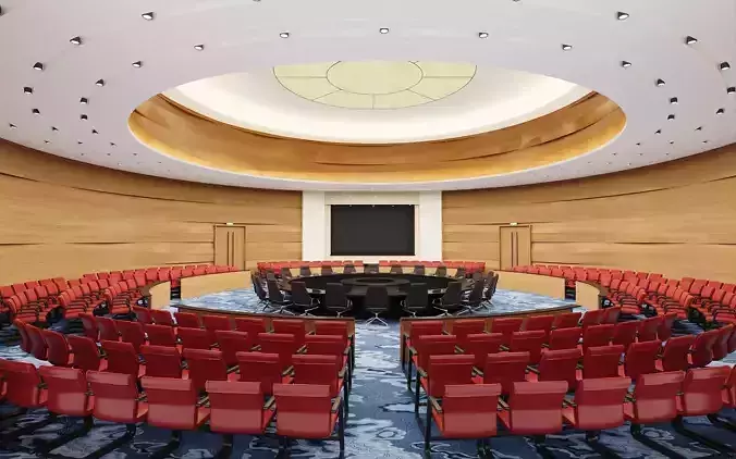 Luxury Round Conference Room with Wood Panel Walls