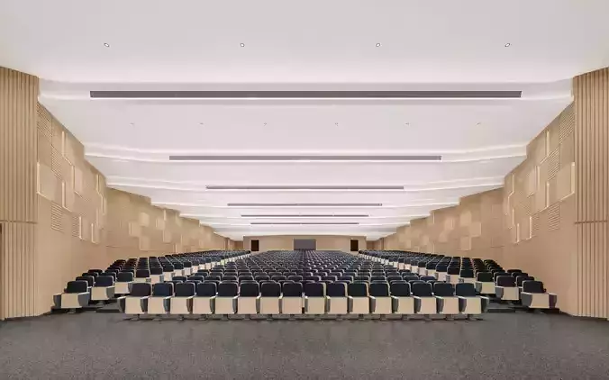 Modern Auditorium with Wooden Walls and Comfortable Seating