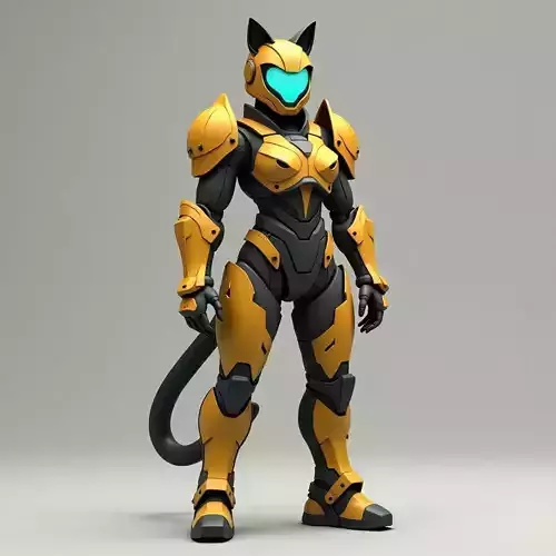 Feline Mecha Warrior 3D Model High Vis Battle Suit