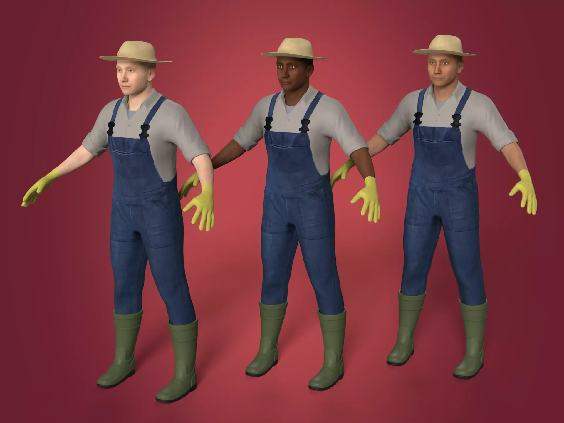 Farmer with IK - FK Rig and 3 Skin Textures - White Black Brown Low-poly 3D model