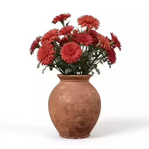 Rustic Terracotta Vase with Red Daisies 3D Model - Floral Decor