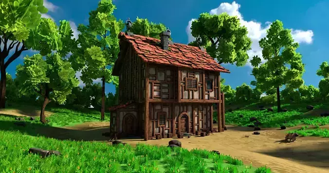 Medieval House 13 With Environment Low-poly 3D model 6