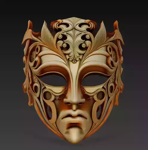 Golden Ornate Mask Baroque Fantasy Face Sculpture 3D Model Free