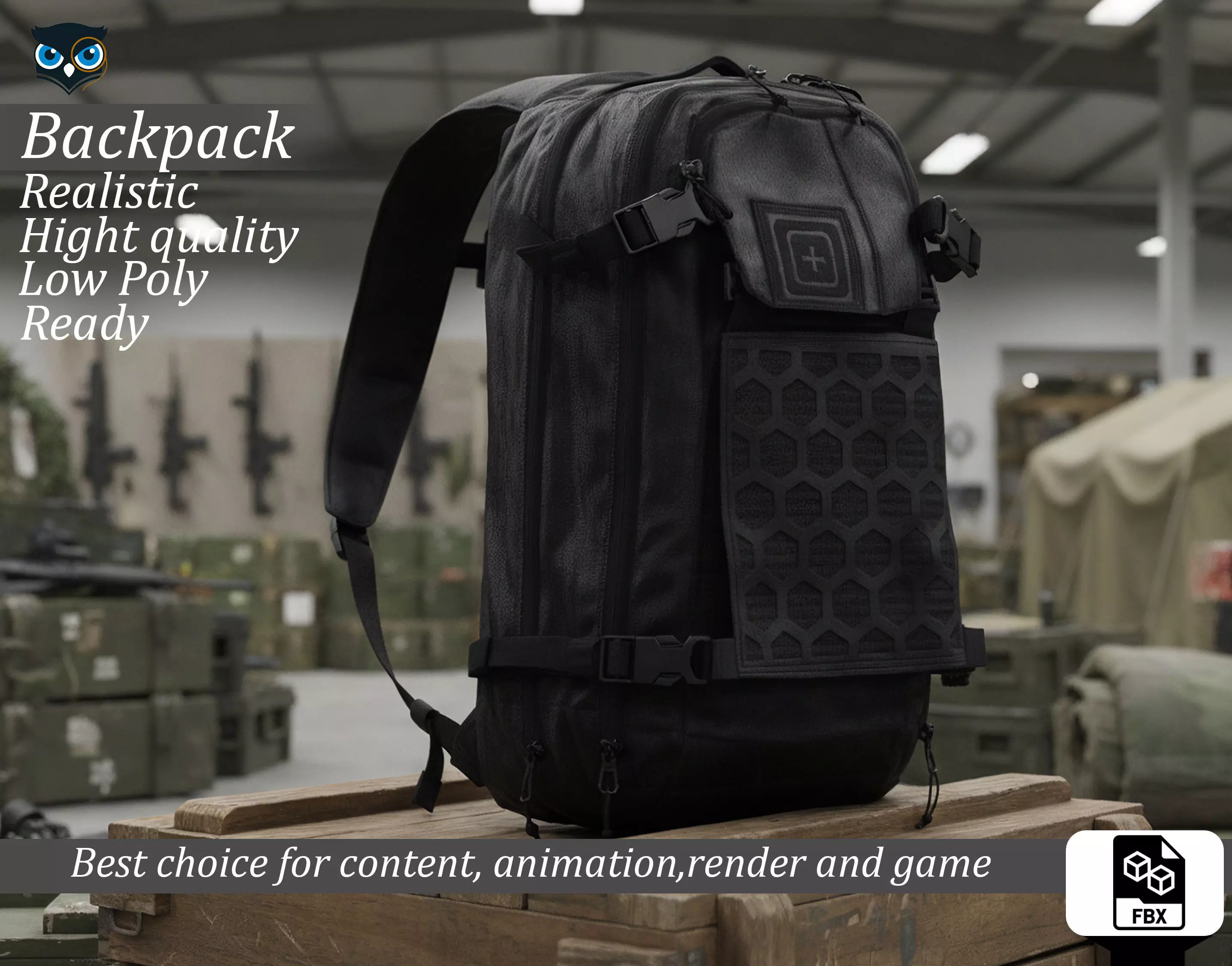 Modern Tactical Backpack with Hexgrid Panel Low-poly 3D model