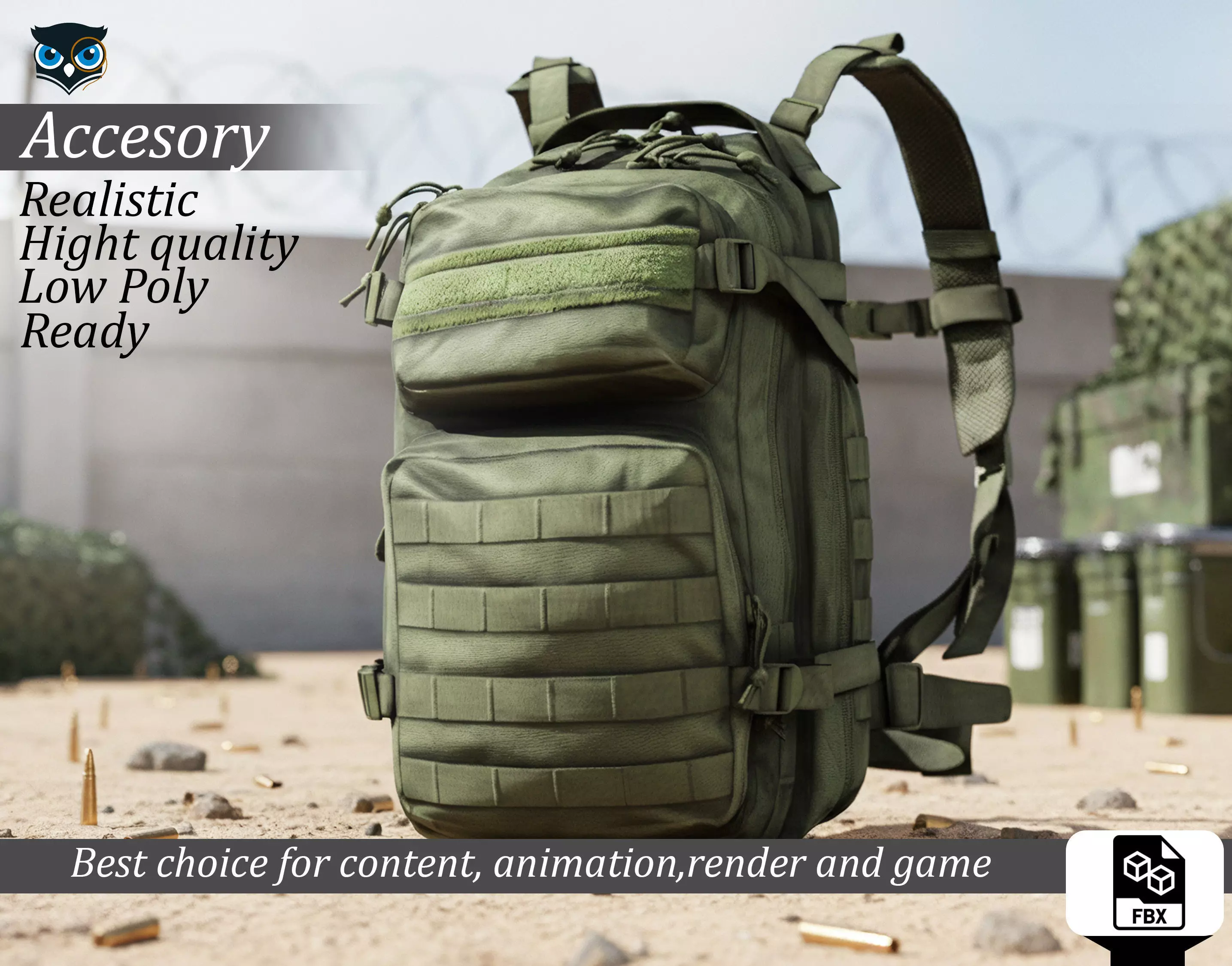 Military Tactical Assault Pack - Olive Drab Low-poly 3D model
