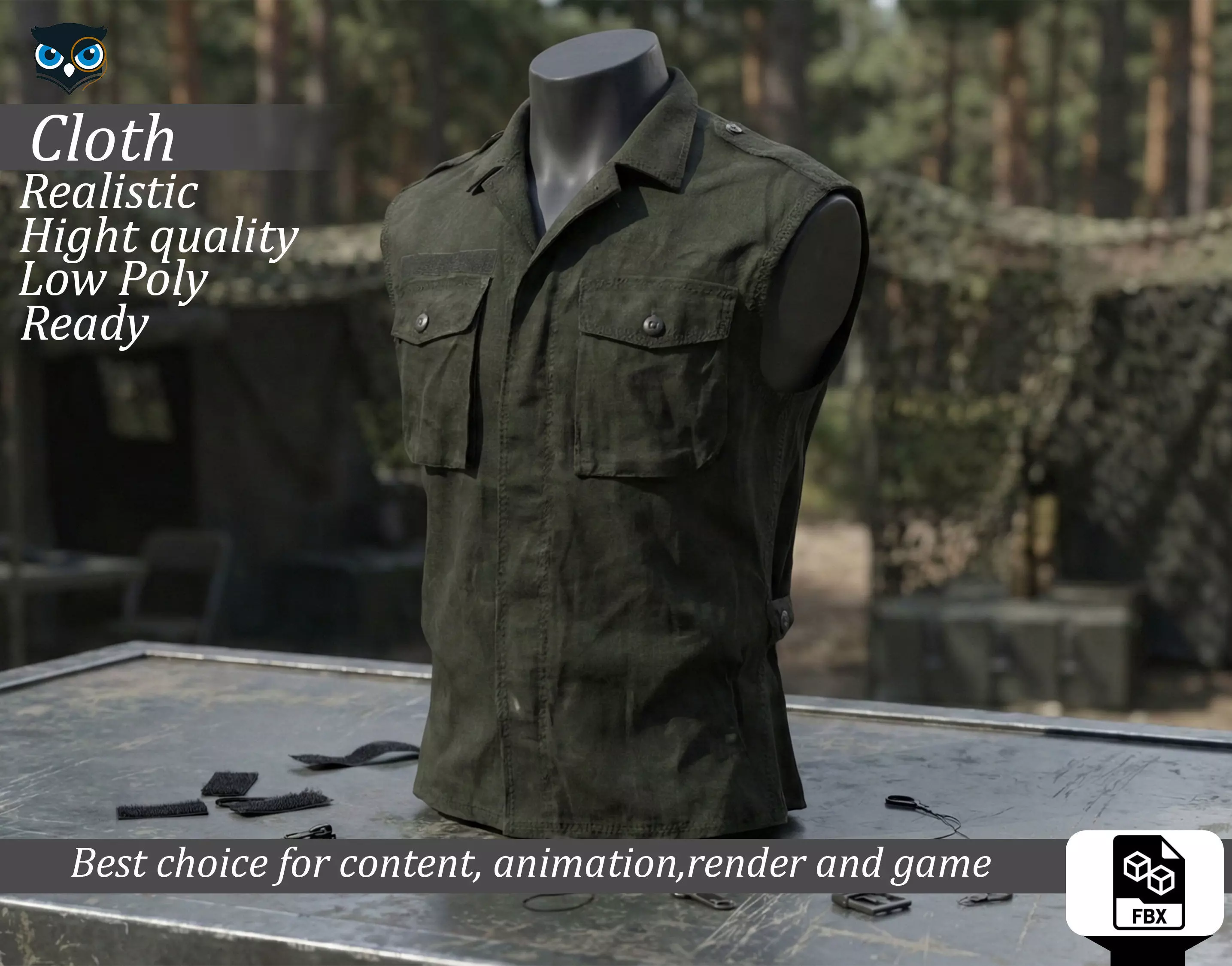 Military Sleeveless Combat Shirt Olive - Game Ready Low-poly 3D model