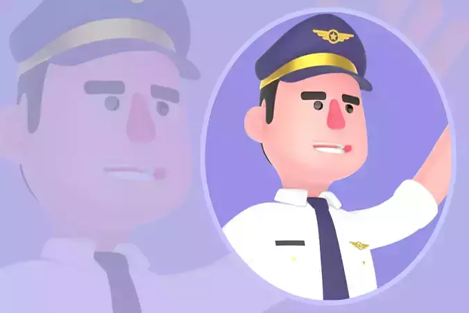 Stylized 3D Male Pilot Character - Cartoon Pilot Waving with Bag