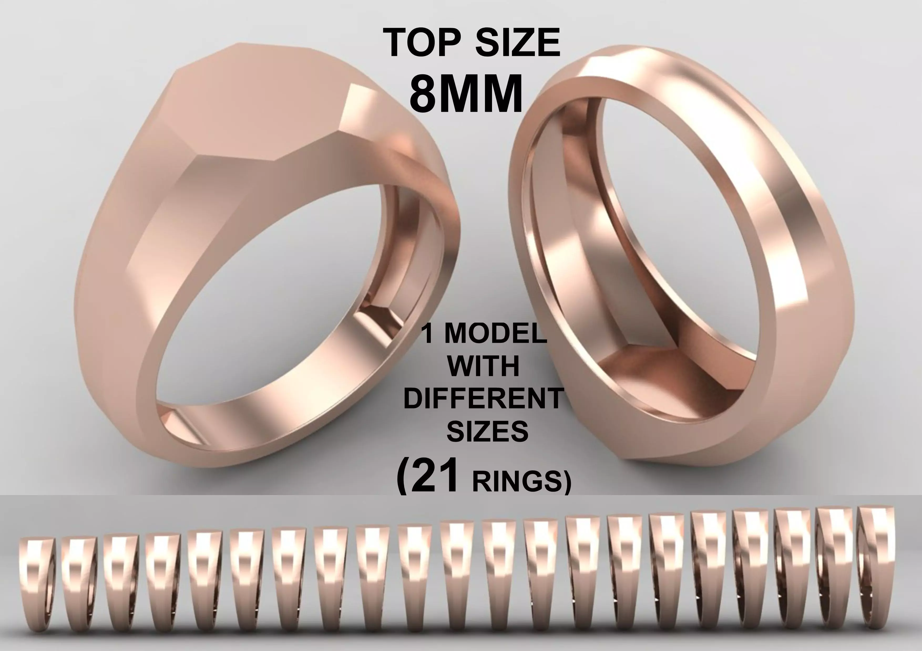octagonal Signet Ring Base 8MM top in All sizes 232-MWC 3D print model