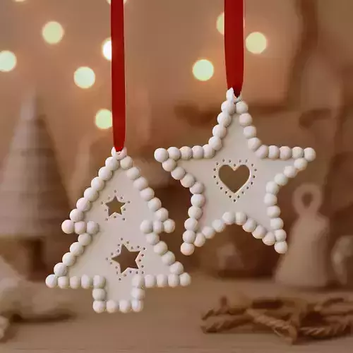 Beaded Christmas Ornament Set Tree  Star Cutout Holiday Decor