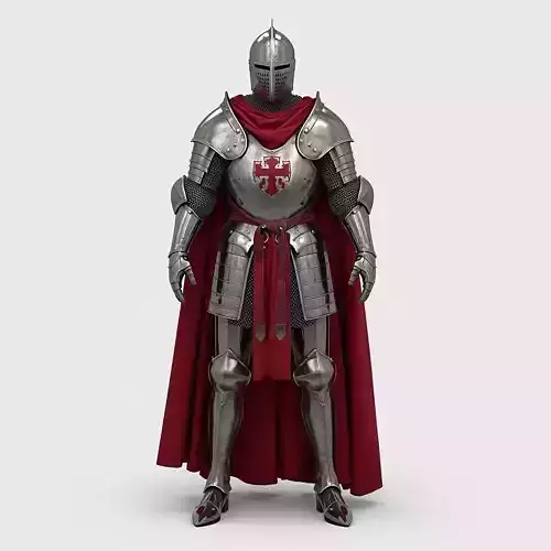  Crusader Knight Armor 3D Model Red Cape Full Suit
