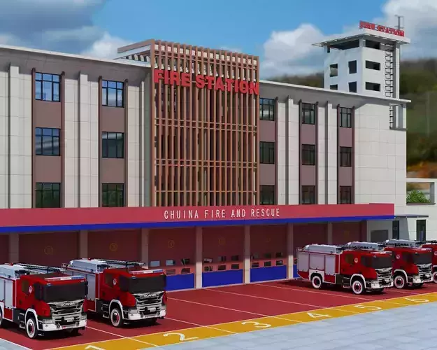 Fire Station Low-poly 3D model 5