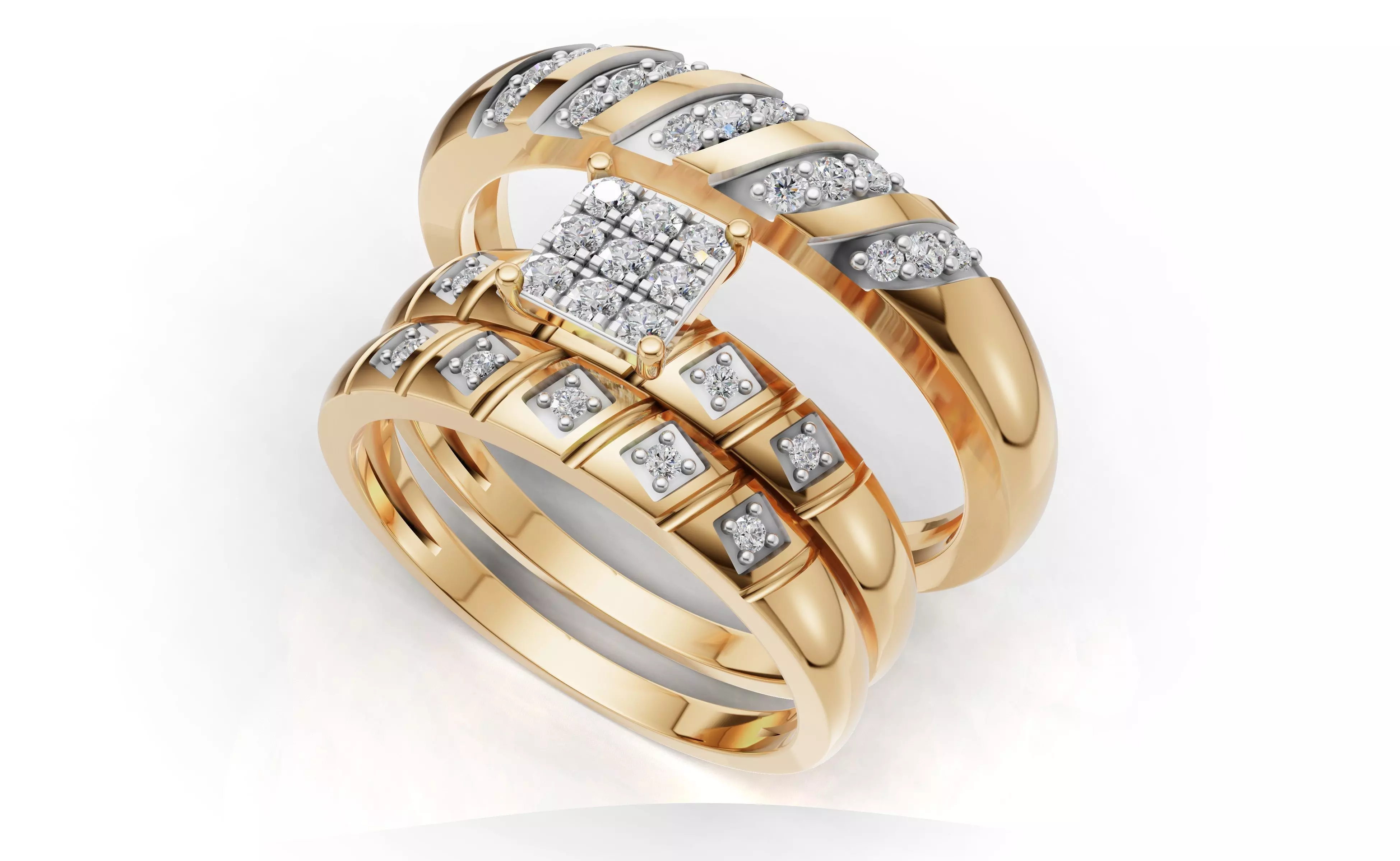 AV 738 Diamond Cluster Engagement Ring Trio Bridal Set 3D print model