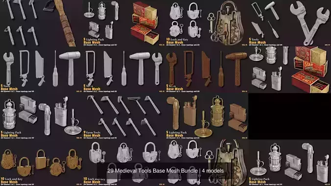 29 Medieval Tools Base Mesh Bundle