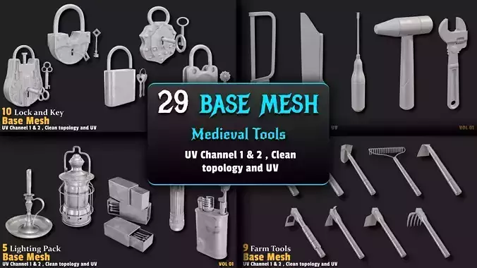 29 Medieval Tools Base Mesh Bundle 3D Model Collection