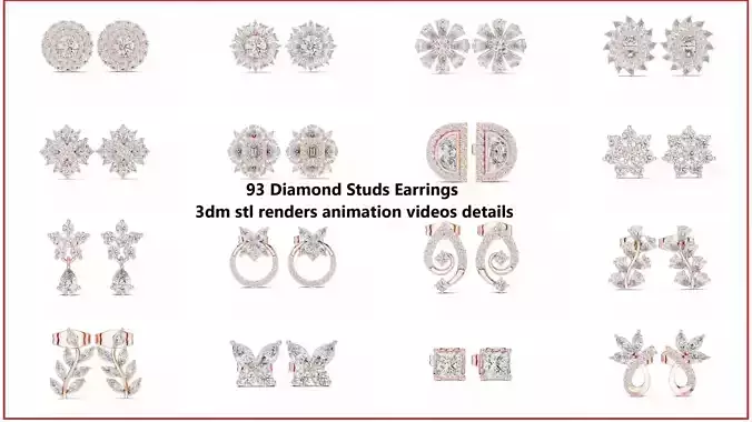 93 Diamond Studs Earrings 3dm stl renders animation videos 