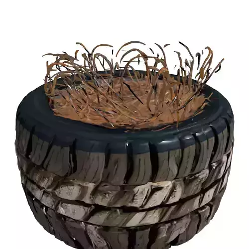 Worn Tire Planter Dry Grass Low-poly 3D model 4