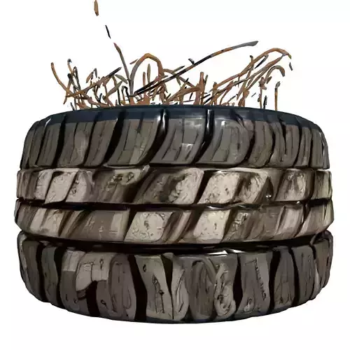 Worn Tire Planter Dry Grass Low-poly 3D model 5