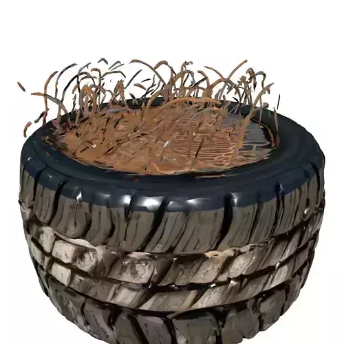 Worn Tire Planter Dry Grass Low-poly 3D model 3
