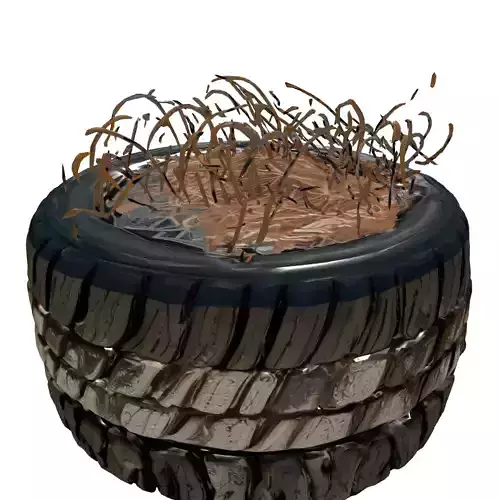 Worn Tire Planter Dry Grass Low-poly 3D model 7