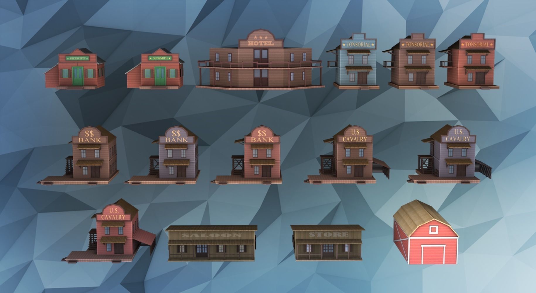 Low poly western buildings Low-poly 3D model_1