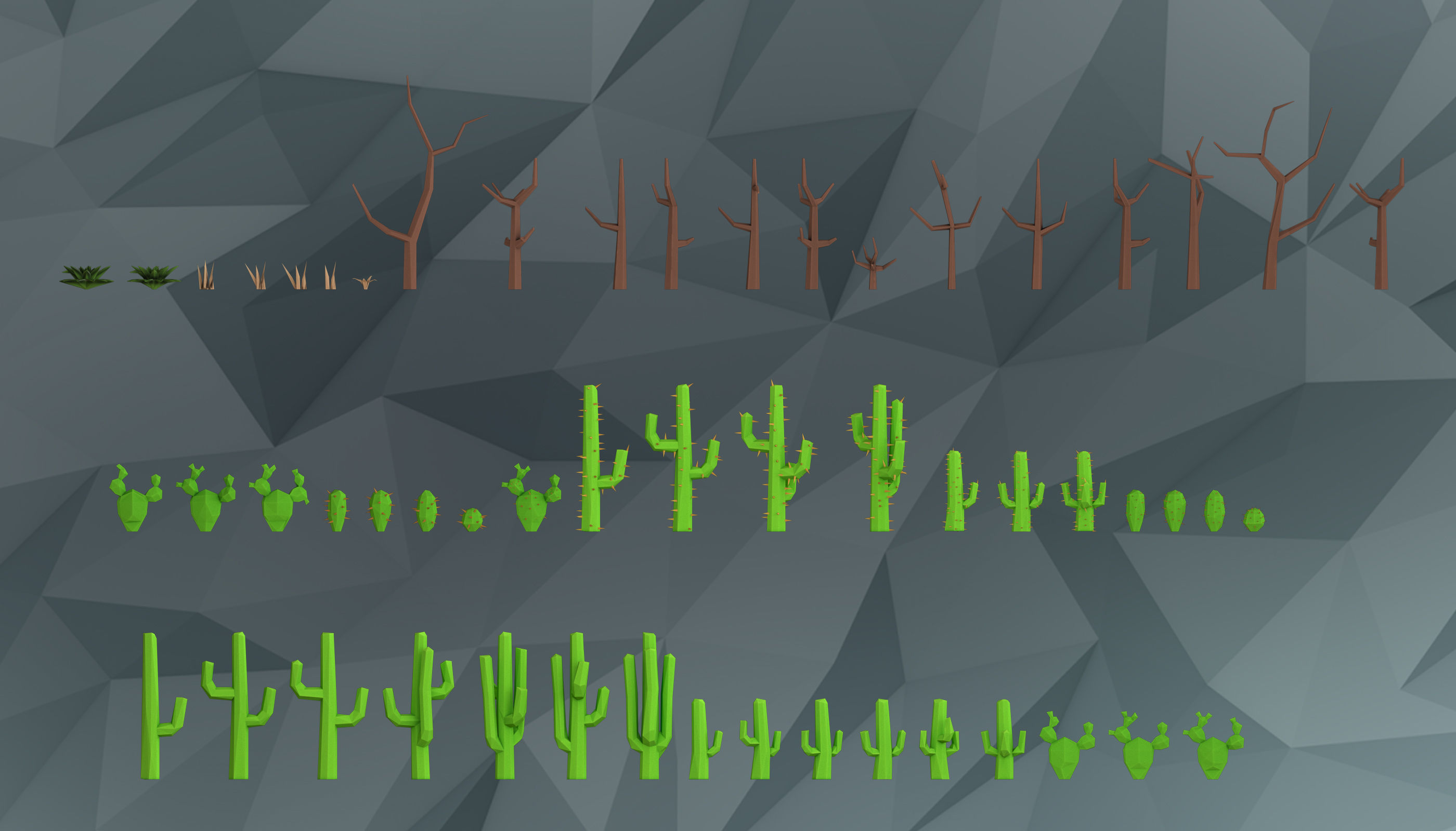 Low poly cactus and tree models Low-poly 3D model_1