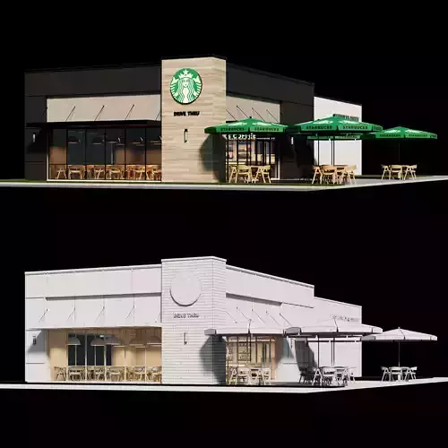 Starbucks cafe building whith interior furniture