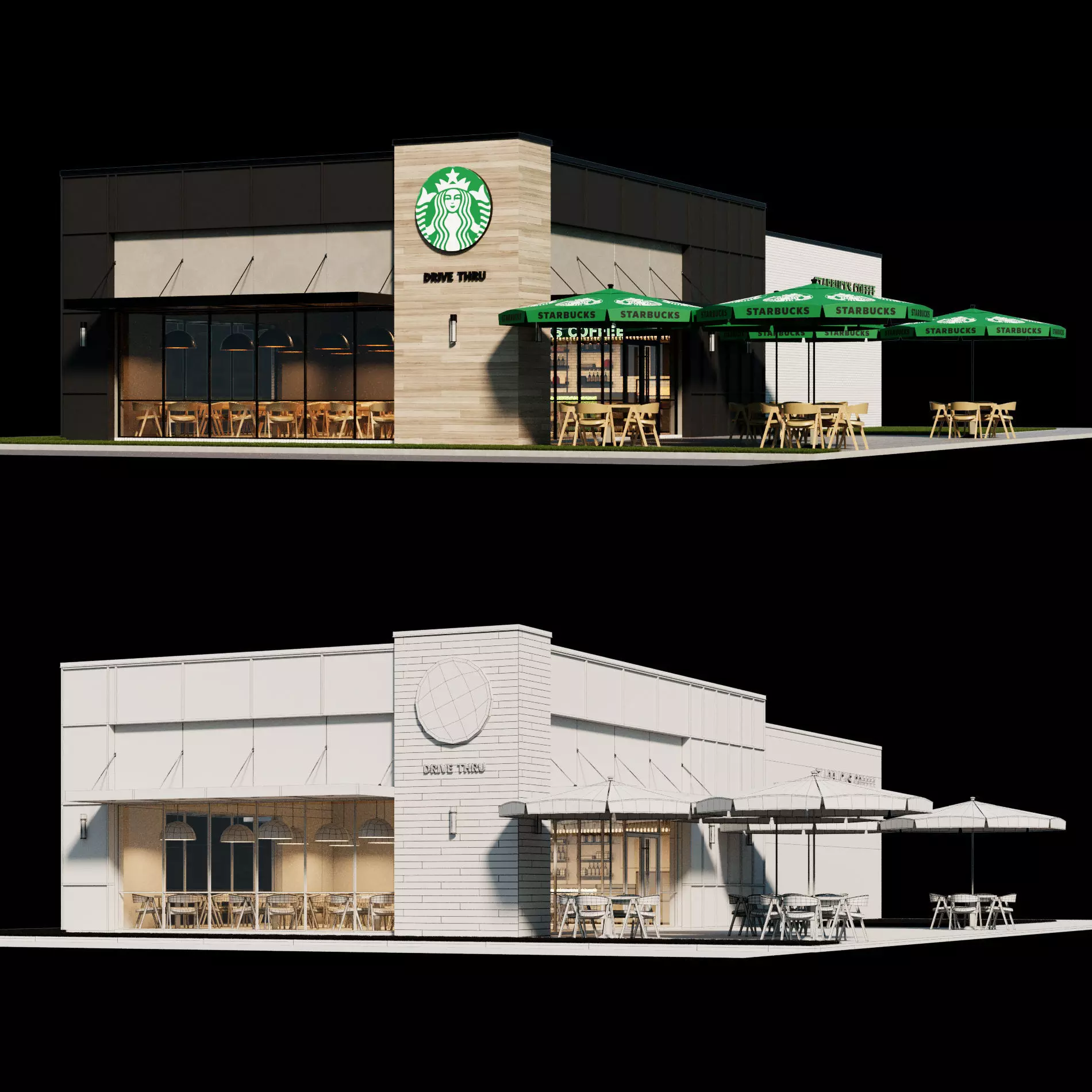 Starbucks coffee shop building with interior furniture and light 3D model