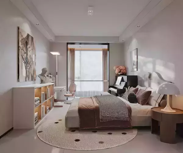 Warm Modern Bedroom with Study Desk and Piano