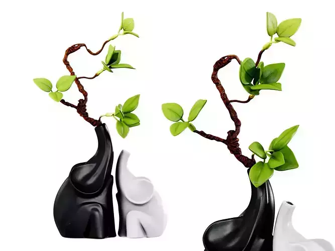 Decorative Black White Elephant Set With Plant