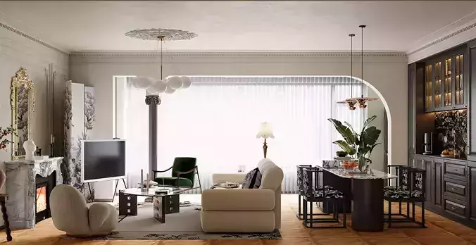 Classic European Living Room - Kitchen Set