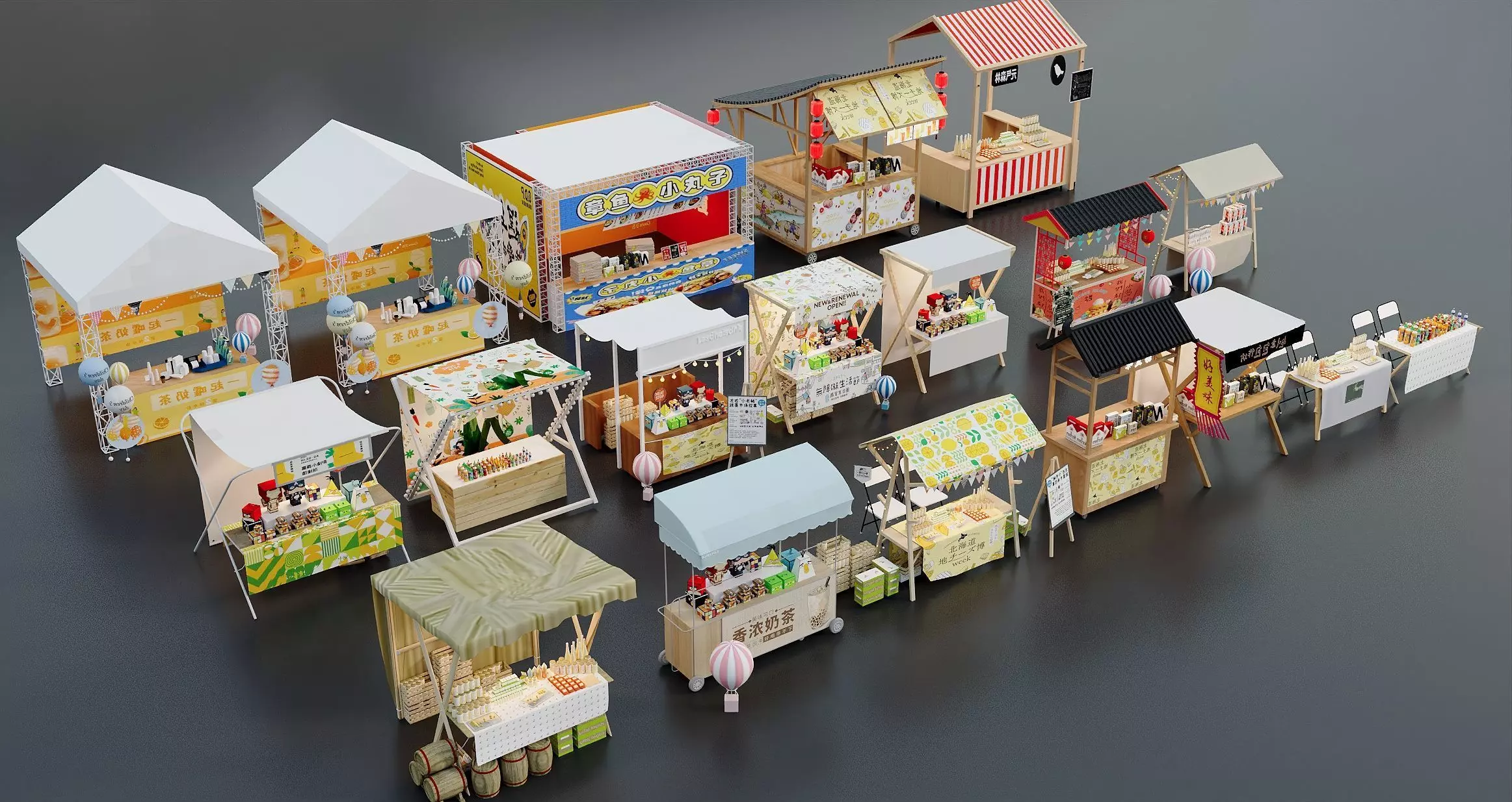 Colorful Street Food Market Stalls Pack 3D model