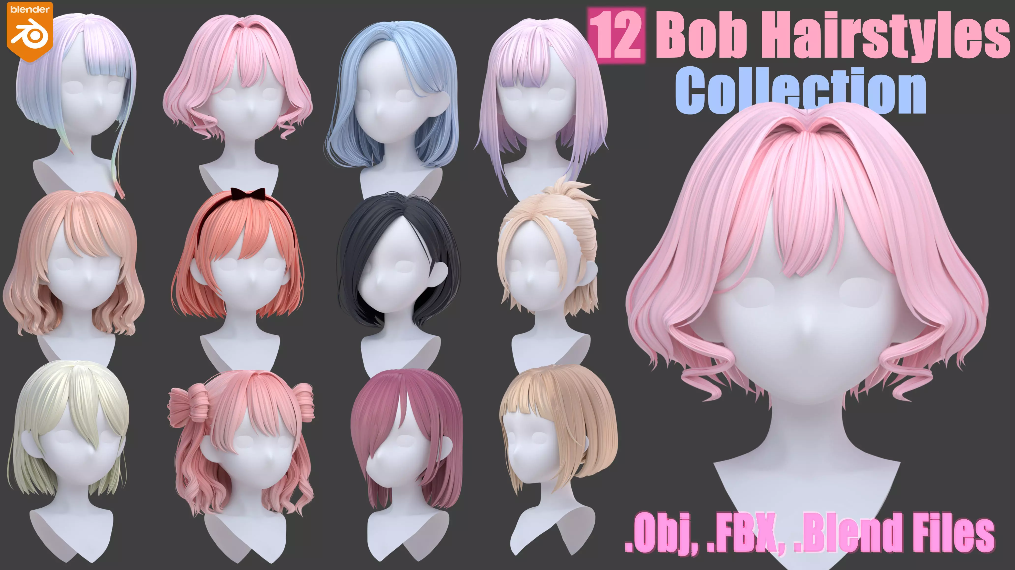12 modular bob hairstyle pack collection - blend obj fbx files Low-poly 3D model