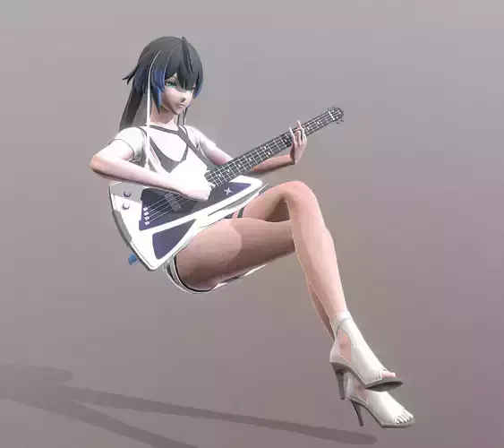 Cute Anime Girl Guitar Player Pbr Fbx Animated
