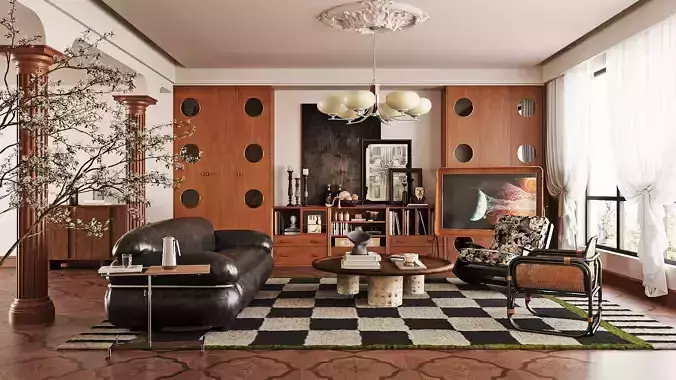 Mid-Century Retro Living Room with Vintage Leather Sofa