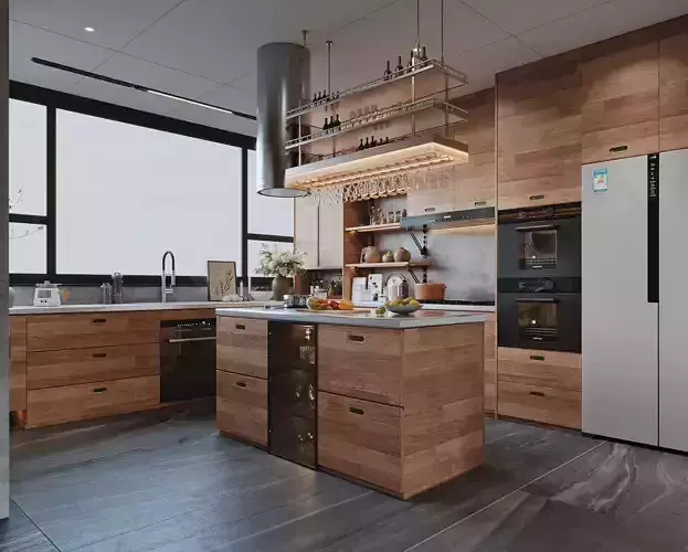 Modern Wooden Kitchen with Island and Built-in Appliances