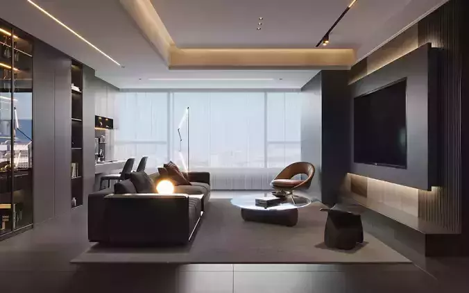 Modern Luxury Living Space with Dark Lounge and Home Office