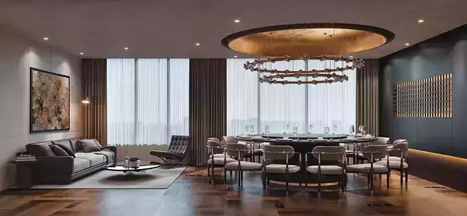 Luxury Private Dining Lounge with Round Table and Chandelier