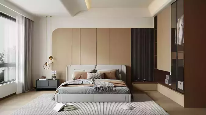 Modern Cozy Bedroom Interior With Built-In Wardrobe