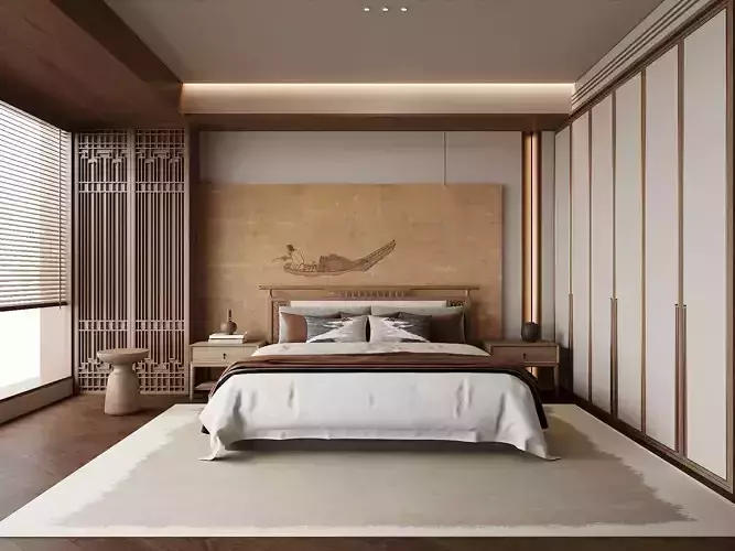 Modern Oriental Bedroom with Zen Wooden Wall Mural