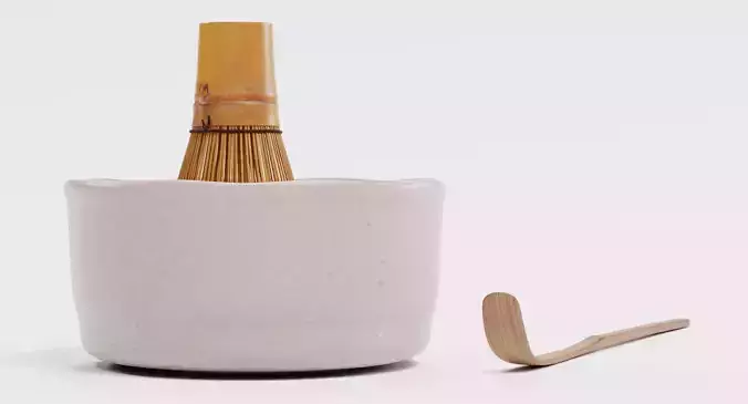Matcha Tea Set - Traditional Bowl with Whisk and Spoon 3D model 6