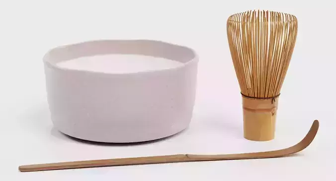 Matcha Tea Set - Traditional Bowl with Whisk and Spoon 3D model 3