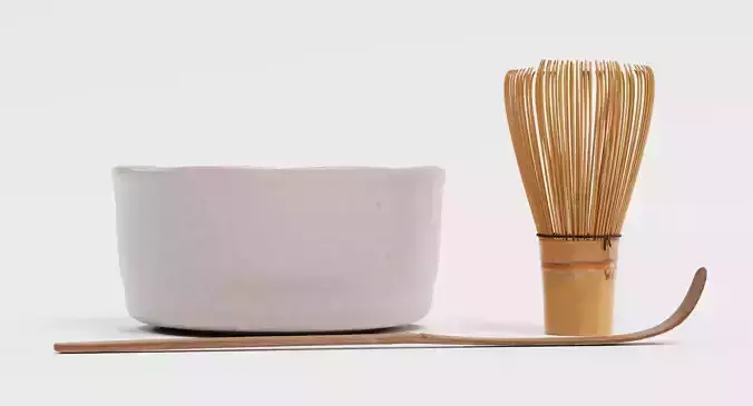 Matcha Tea Set - Traditional Bowl with Whisk and Spoon 3D model 5