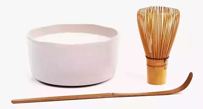 Matcha Tea Set - Traditional Bowl with Whisk and Spoon 3D model 2