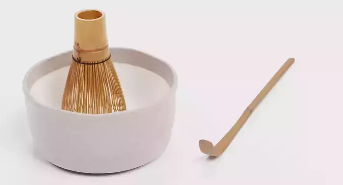 Matcha Tea Set - Traditional Bowl with Whisk and Spoon 3D model 7