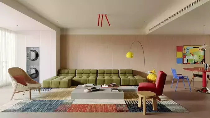 Modern Colorful Living Room with Modular Sofa and Dining Area
