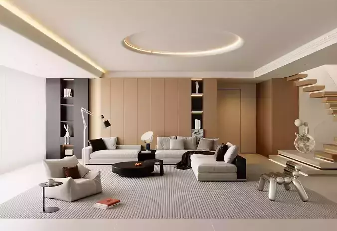 Modern Minimalist Luxury Lounge With Floating Staircase