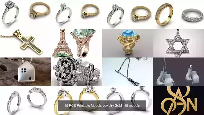 15 PCS Printable Models Jewelry Gold